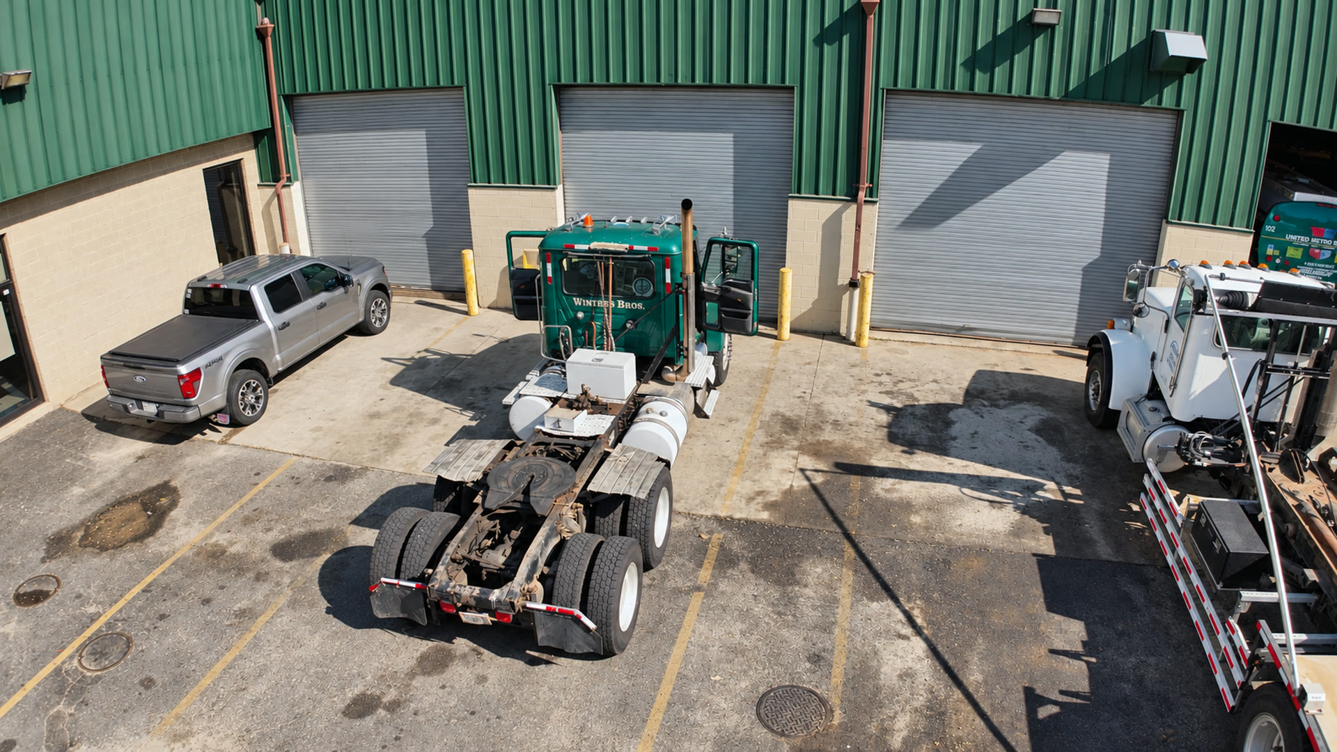 Tractor parked at the service bays