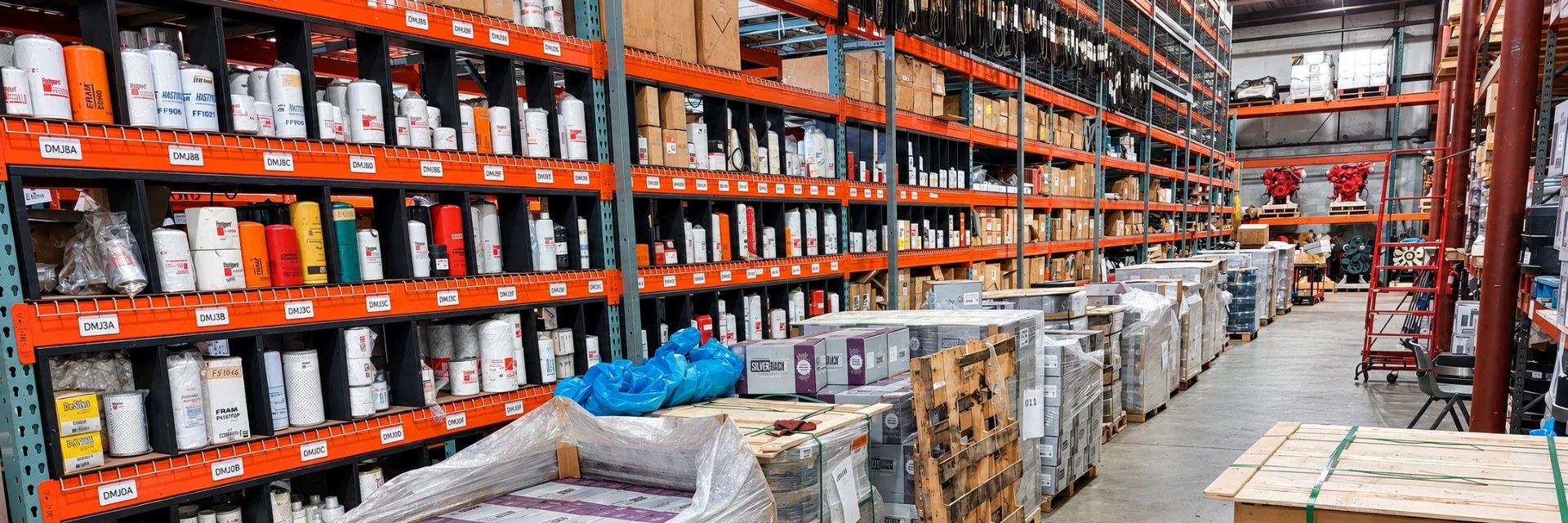 Warehouse shelves stocked with truck parts