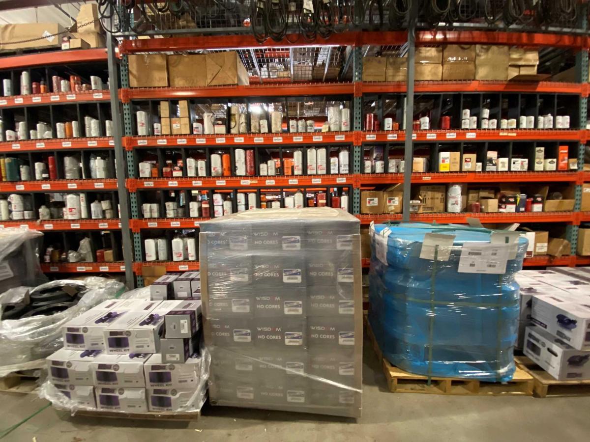 Parts shelves stocked to the ceiling