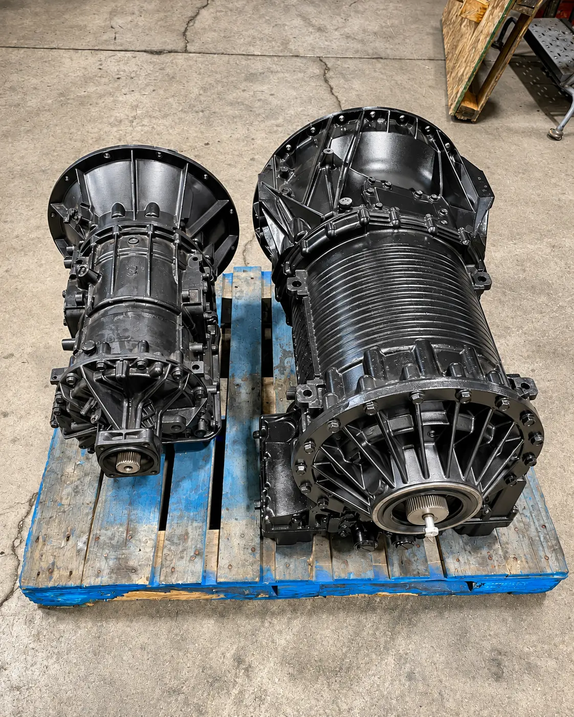 Two rebuilt transmissions on a pallet in our shop