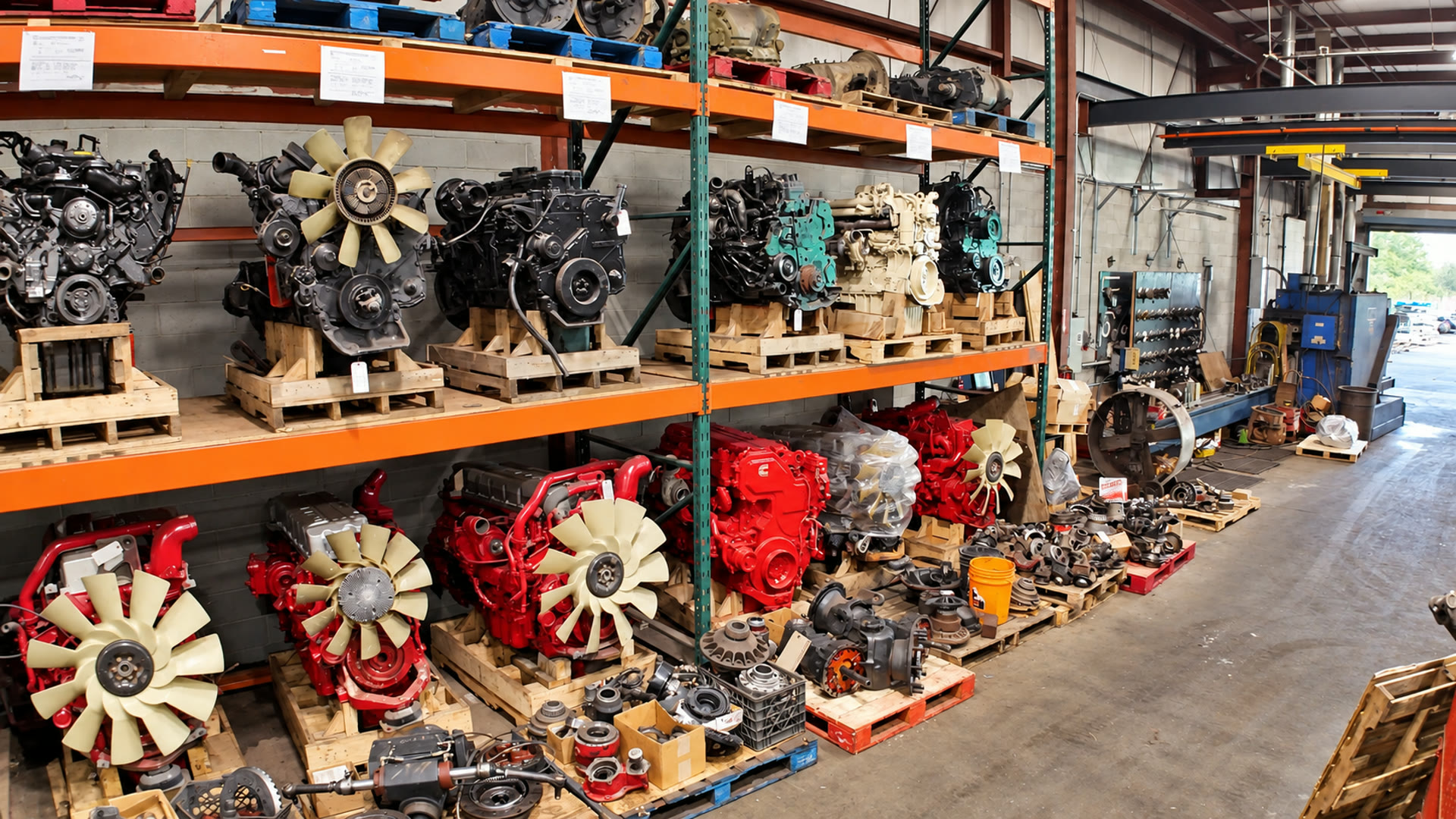 Long aisle of engines in stock